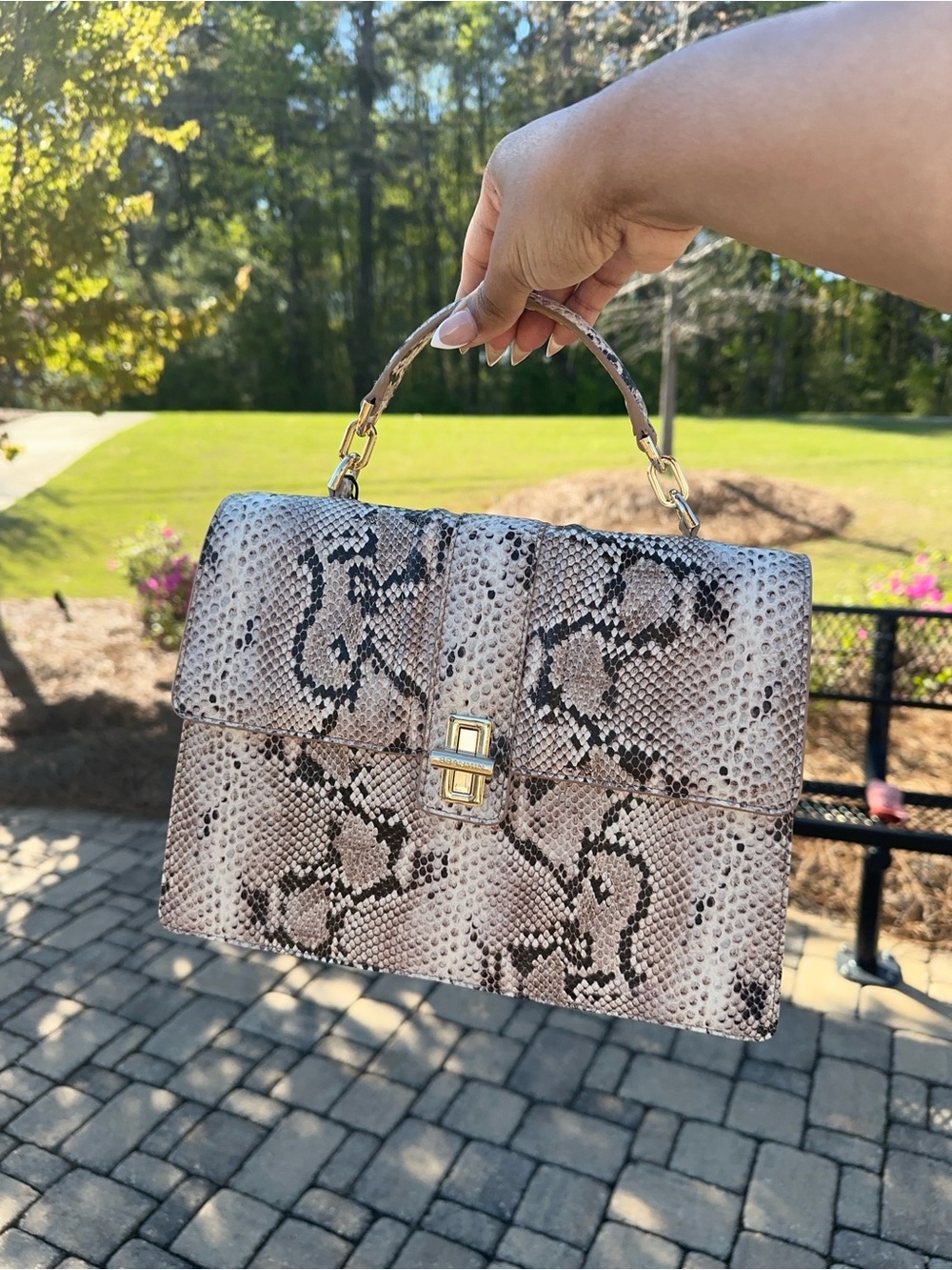 Brahmin Snake-Print Top Handle Bag in Neutral Tones - Picture 2 of 4